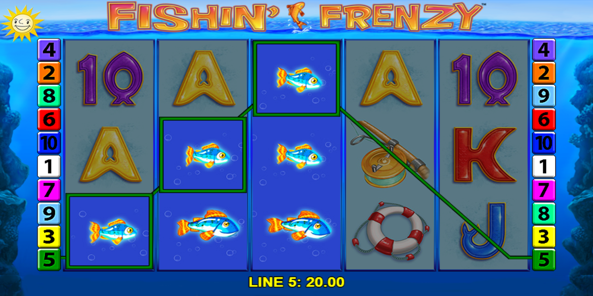 Play casino Fishing Frenzy slot game demo online for fun free play version - gameplay win