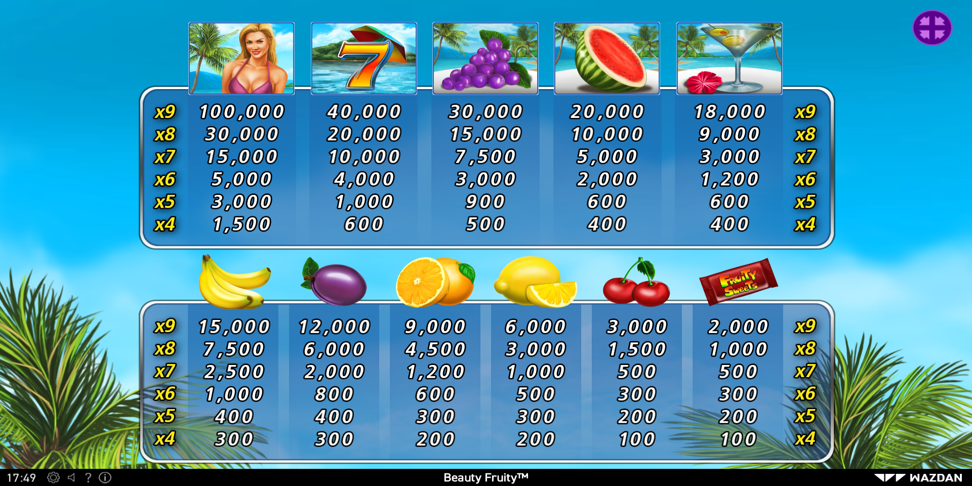 Beauty Fruity slot game PayTable Symbol Wins
