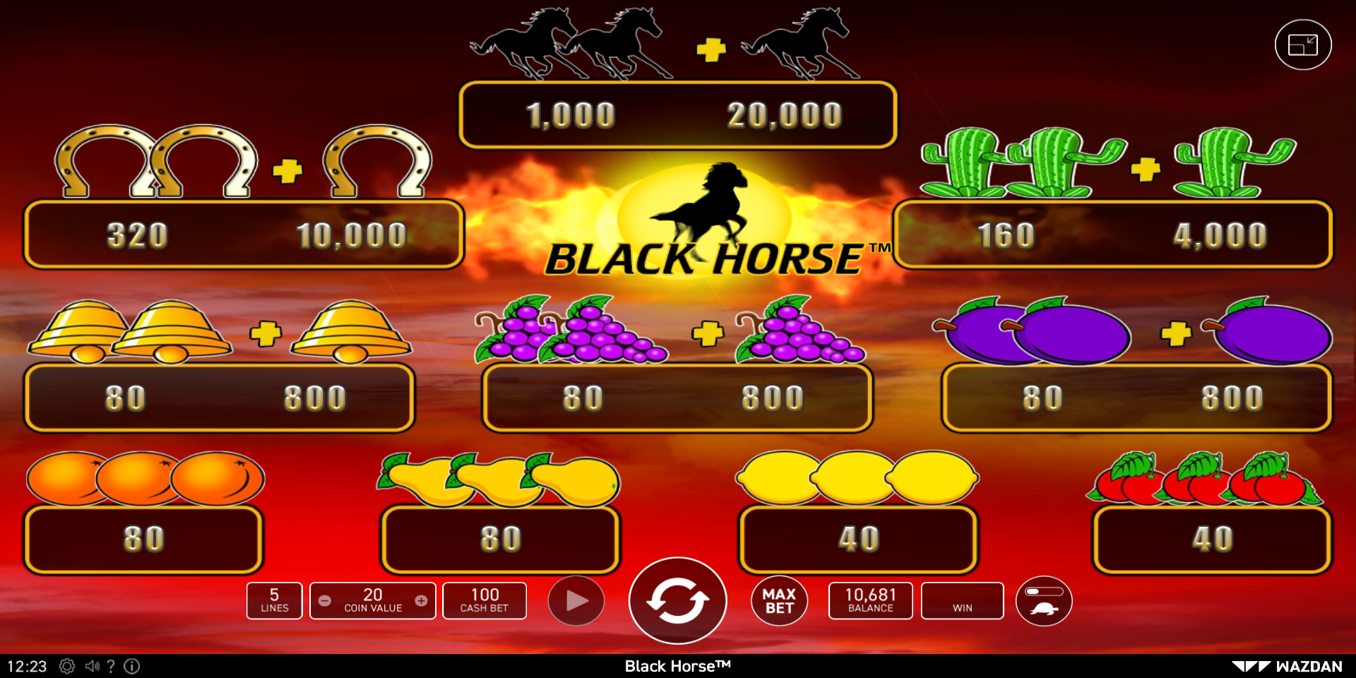 Black Horse slot game Paytable Symbol Wins