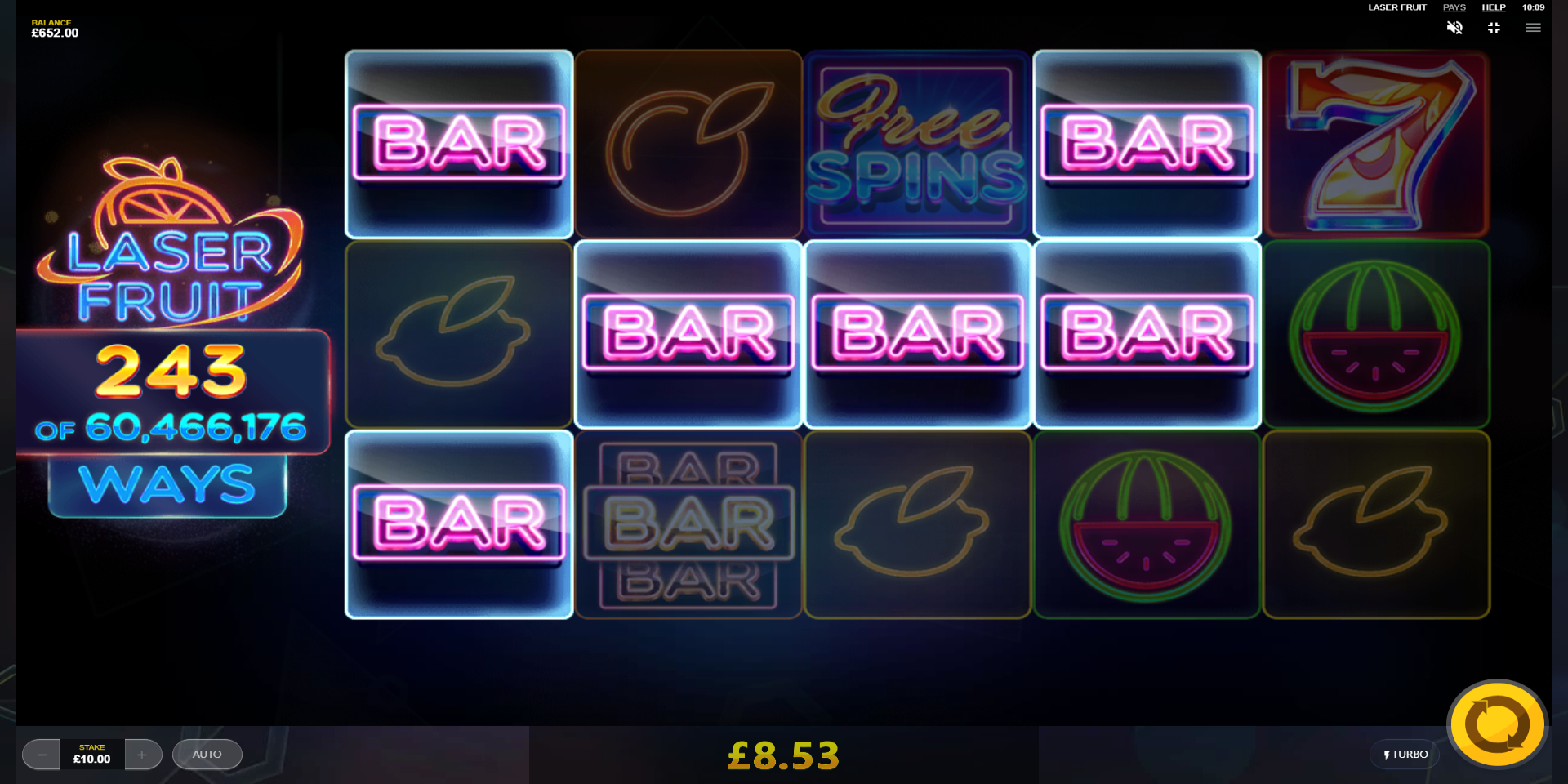 Laser Fruit slot game Gameplay Bar Symbols WIN