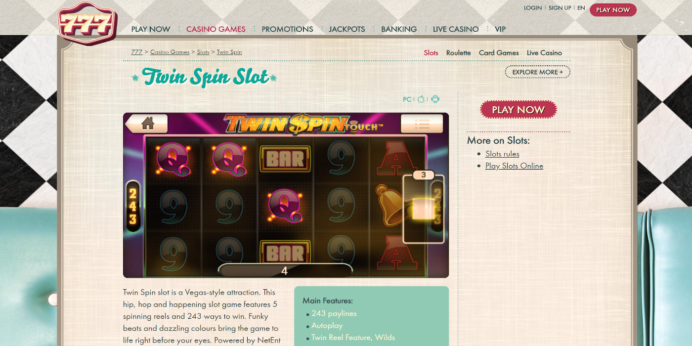 Twin Spin slot game Play now in 777 Casino