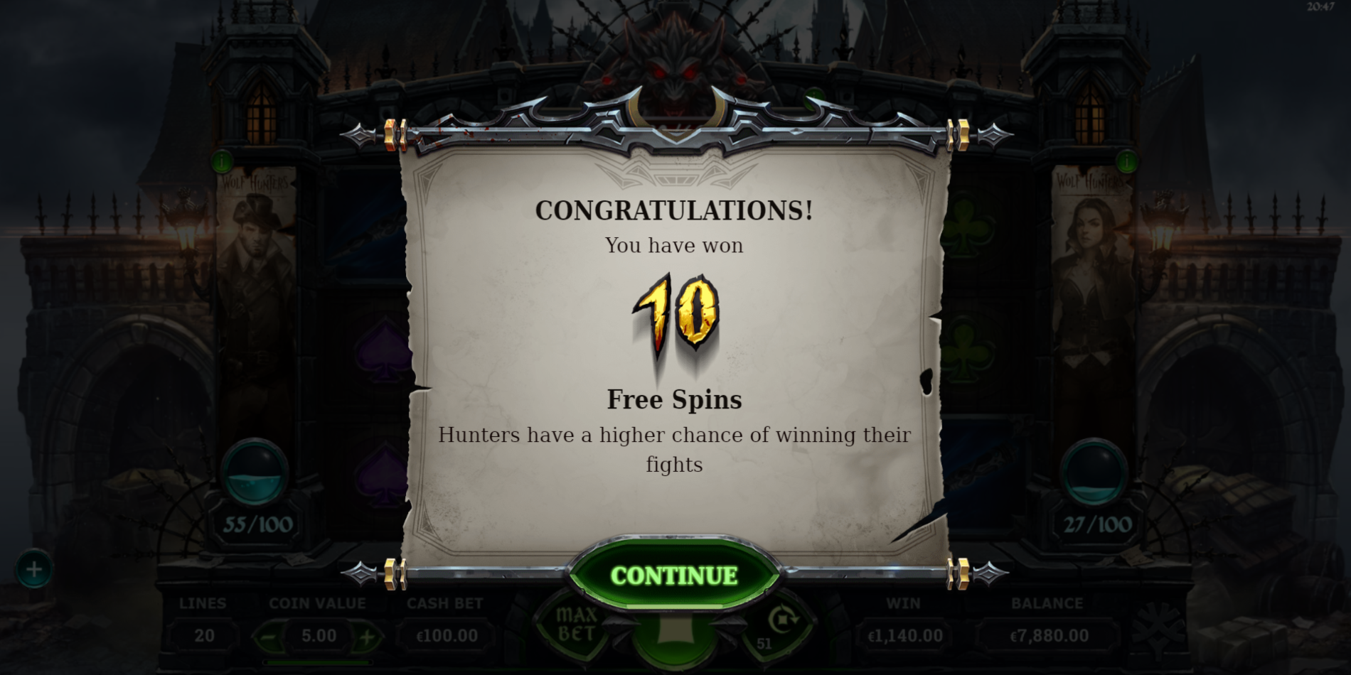 Wolf Hunters slot game Free Spins Win