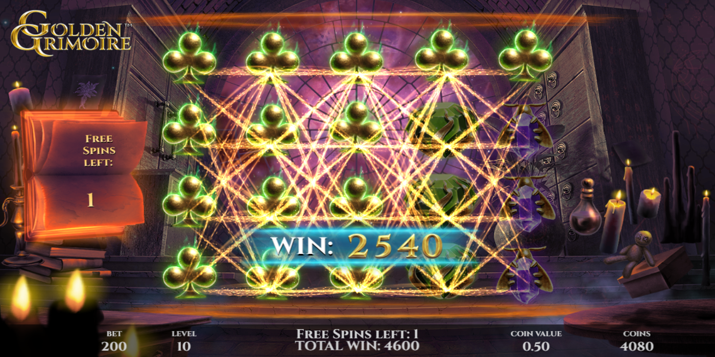 Golden Grimoire slot game Big Win during Free Spins