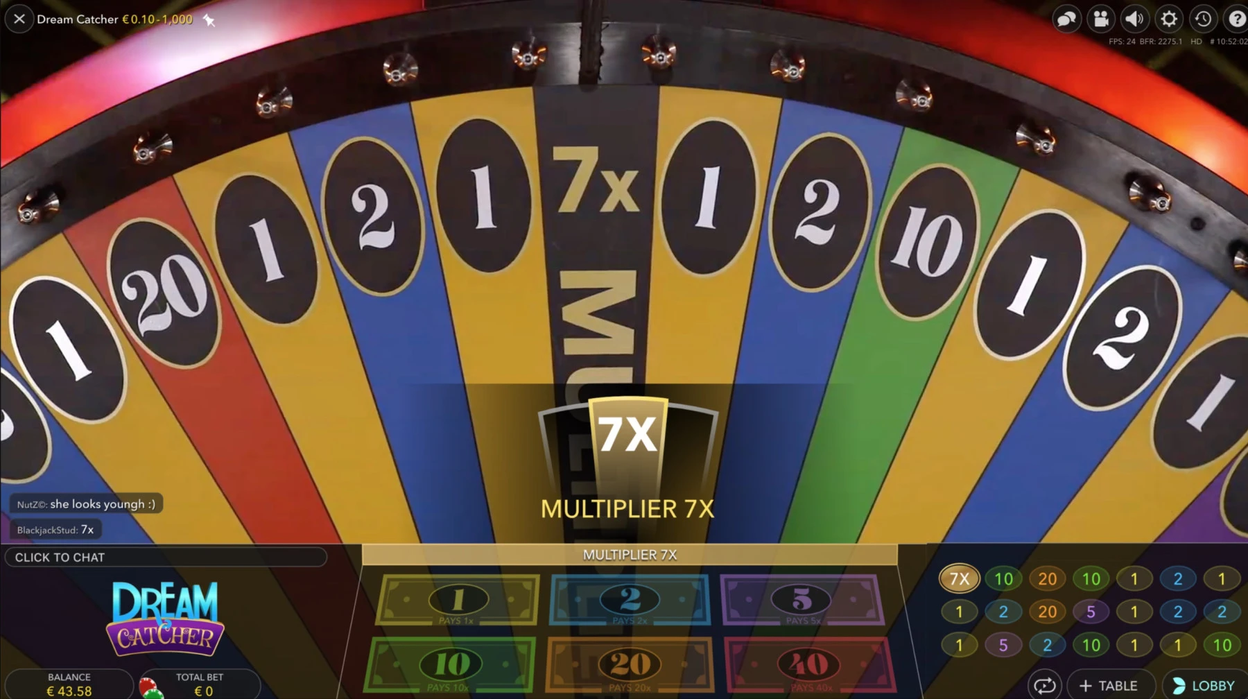 multiplier 7x - evolution gaming live dream catcher gambling game