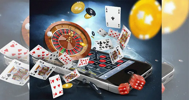 Gambling mobile live casino games for money - casino chips, cards, dice and mobile phone