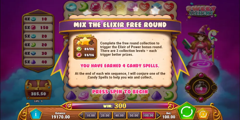Sweet Alchemy slot game 4 Candy Spells earned
