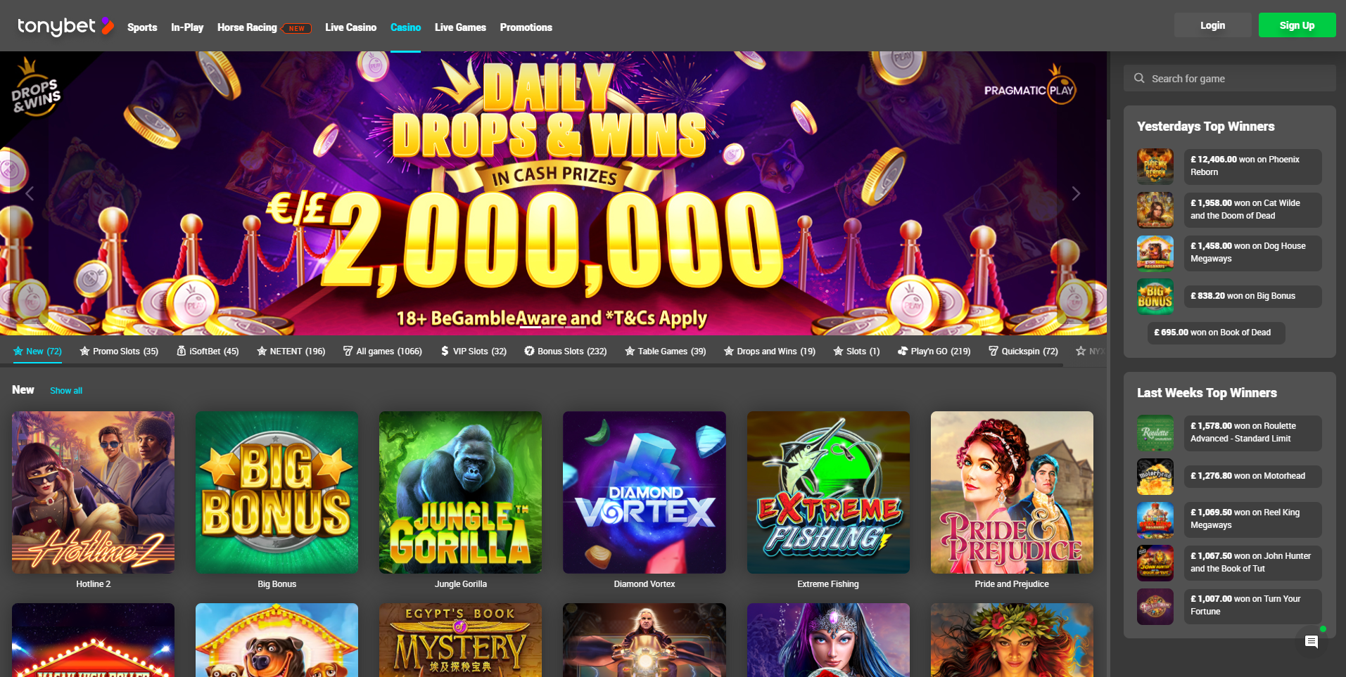 tonybet casino games daily drops and wins 2000000 jungle gorilla hotline 2 diamond vortex