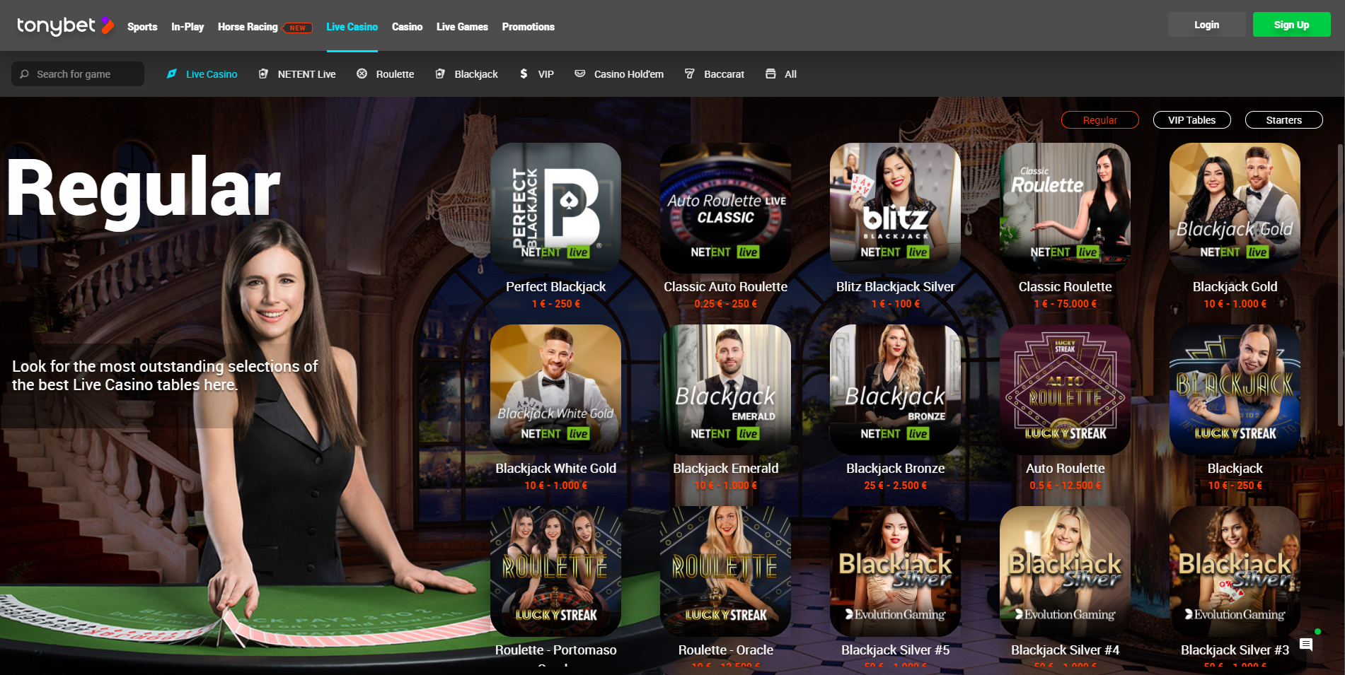 tonybet live casino netent live evolution gaming lucky streak blackjack roulette live dealer lady with black dress