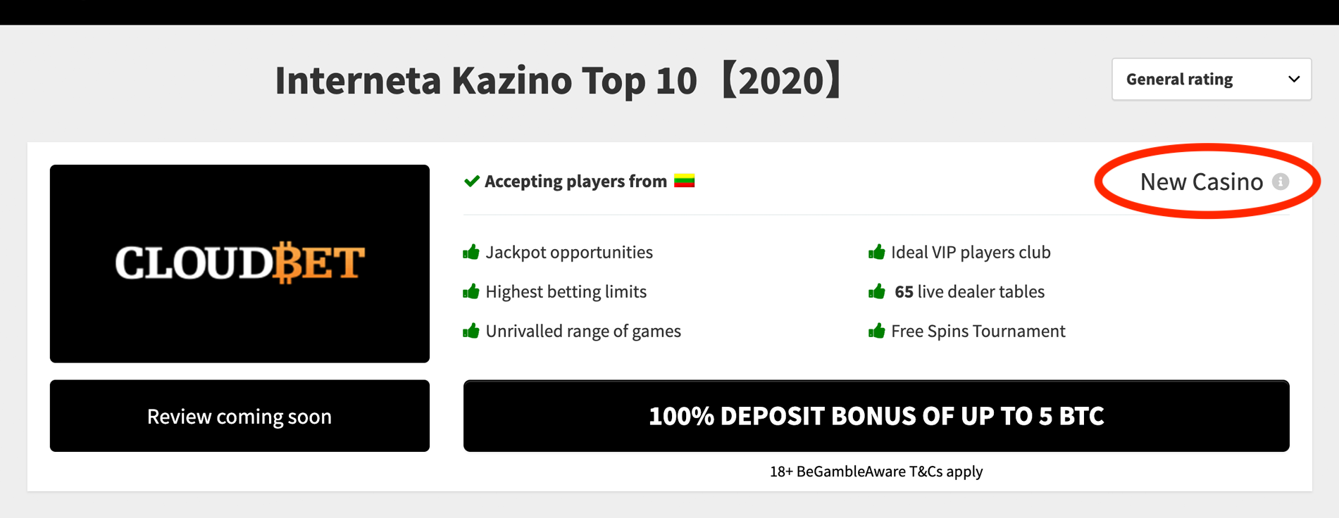 Casino marking as New Company in online casino rating list