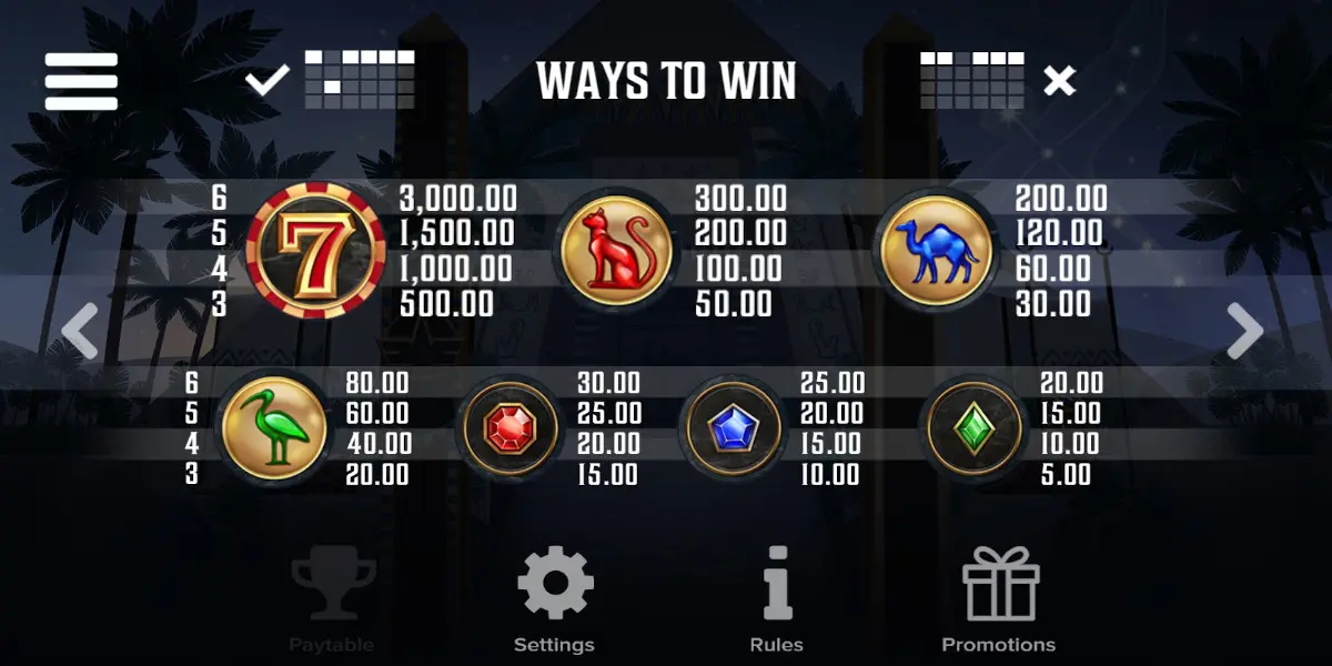 Cygnus slot game PayTable
