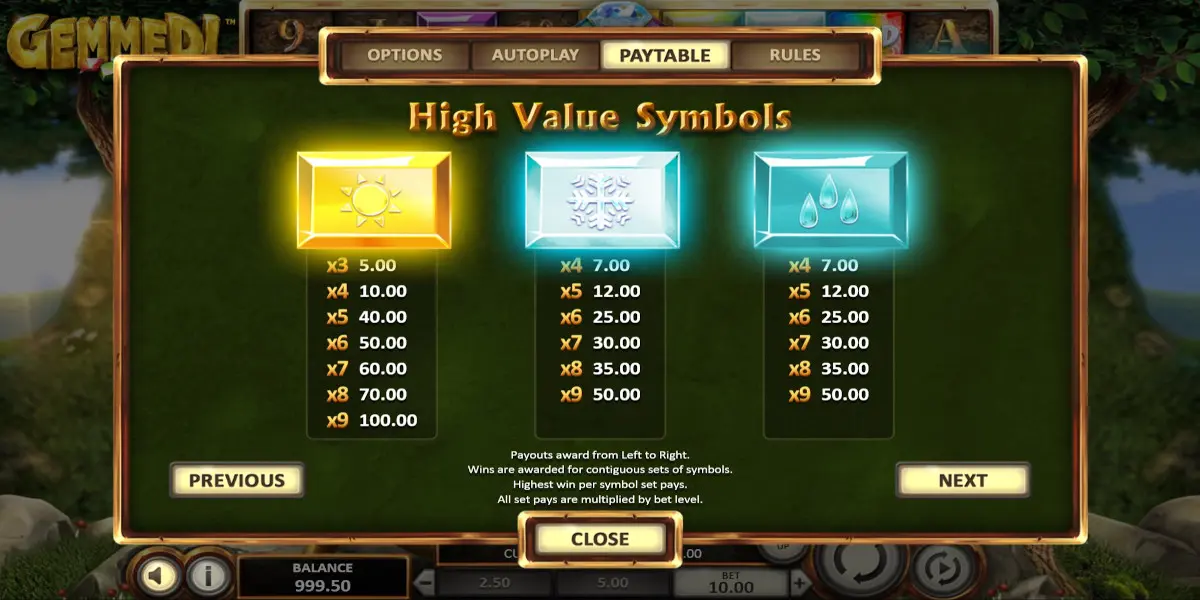 Gemmed! slot game High value Symbols Paytable