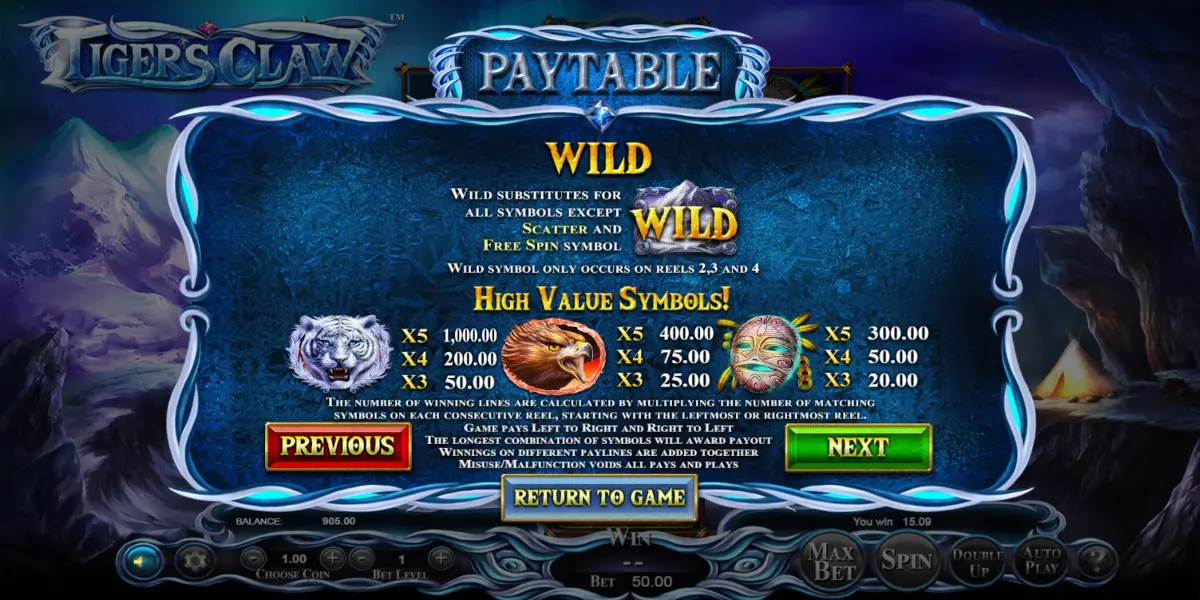 Tiger's Claw slot game Highest payouts symbols