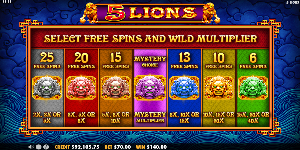 5 Lions slot game Free Spins options