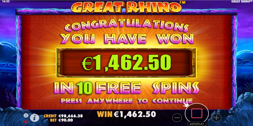 Great Rhino slot game Win during Free Spin