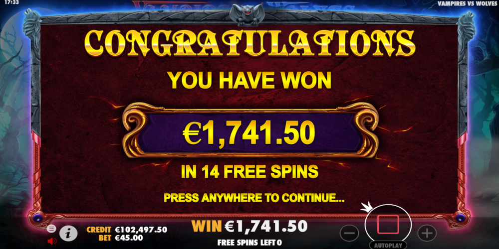Vampires vs Wolves slot game Win during Free Spin