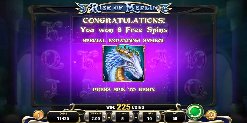 Rise of Merlin casino slot game 8 Free Spins
