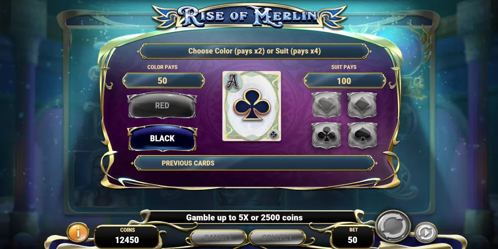 Rise of Merlin slot game Gamble feature (Risk game) let you double you win