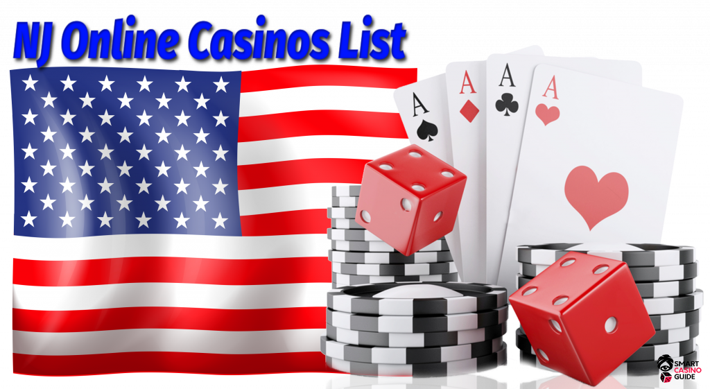 best nj online casinos list - NJ, usa flag, cards, dice, chips