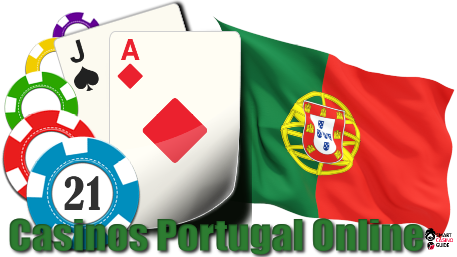 Text - Casinos Portugal online, PT flag, Blackjack cards, 21, AJ.