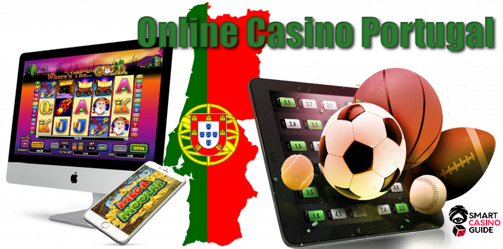 Computer with slot, Tablet with sports balls, Portugal flag, online casino Portugal - text