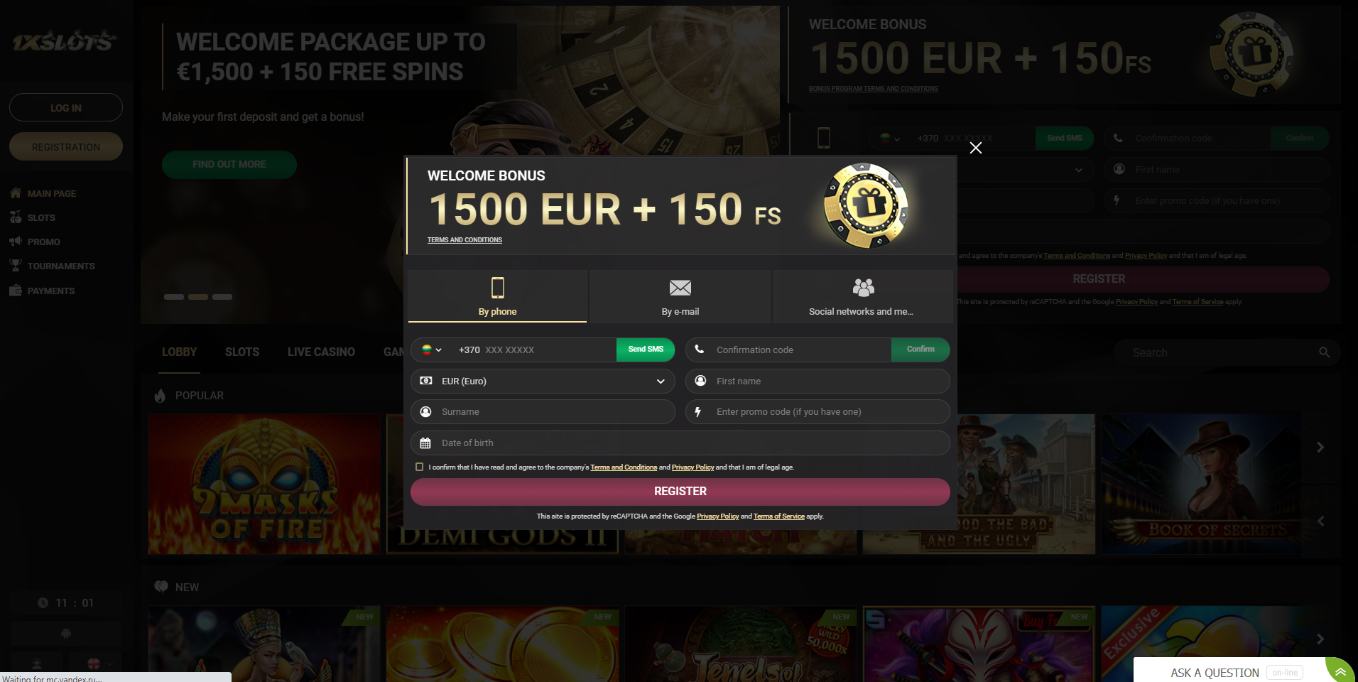 1xslot registration 1500€ + 150fs 1xslots casino login