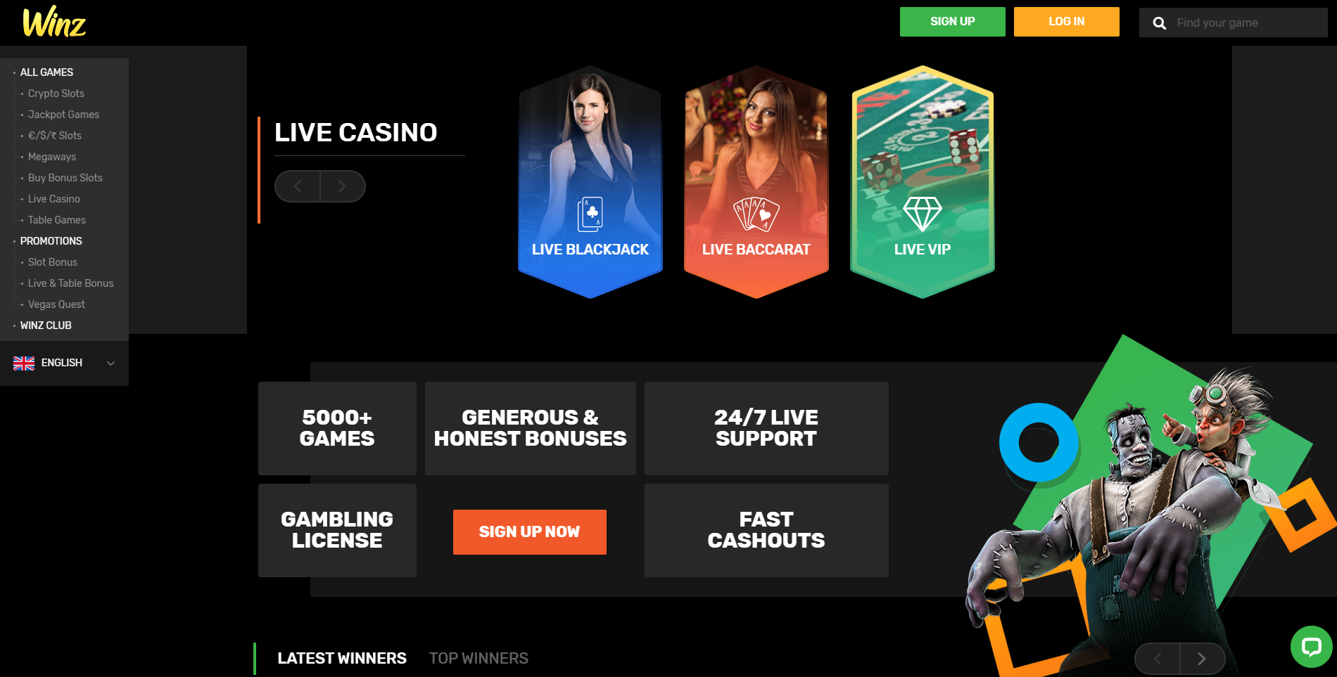 winz casino 5000+ games gabling licence live support fast cashouts live casino