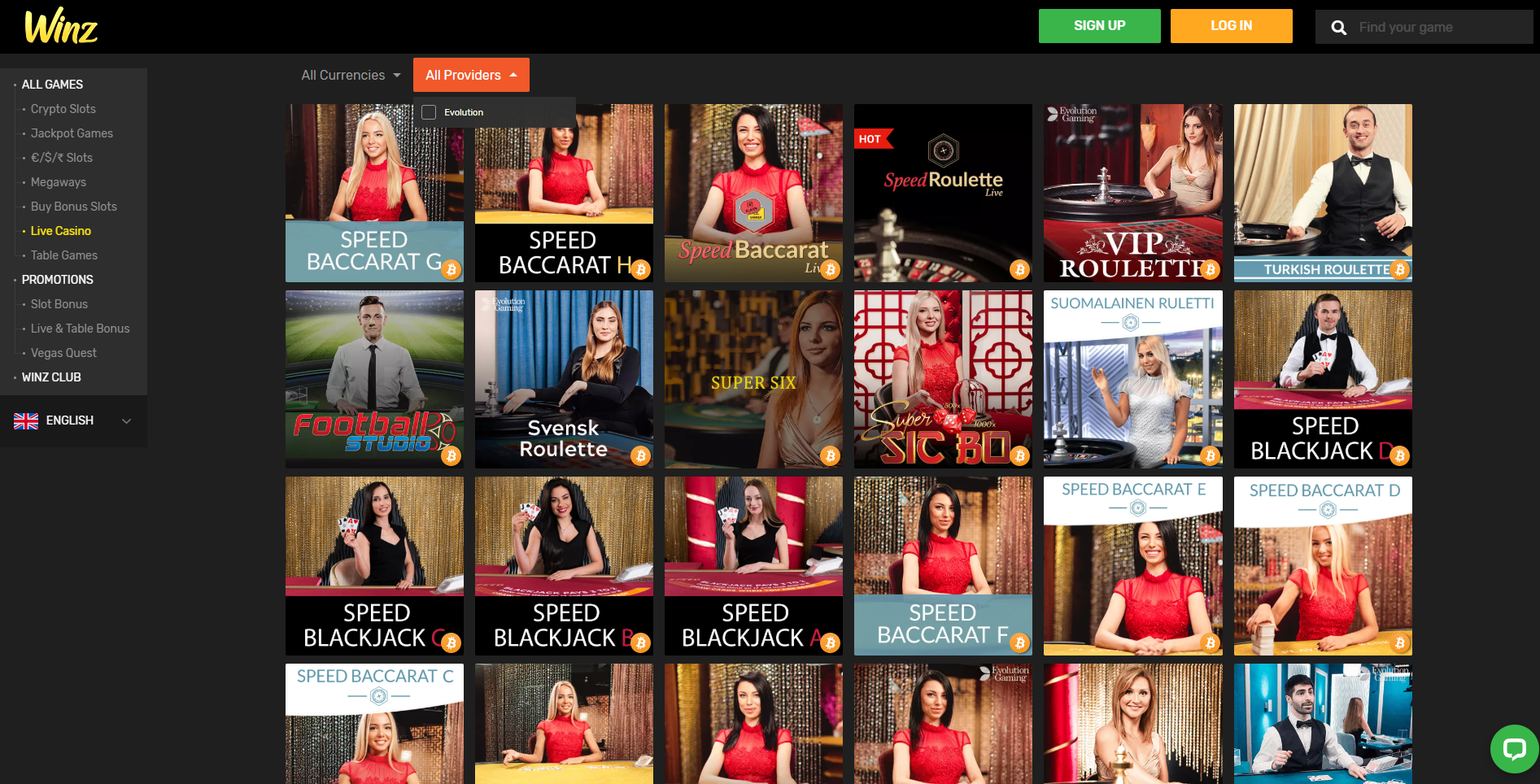 winz live casino evolution gaming baccarat blackjack live dealer roulette