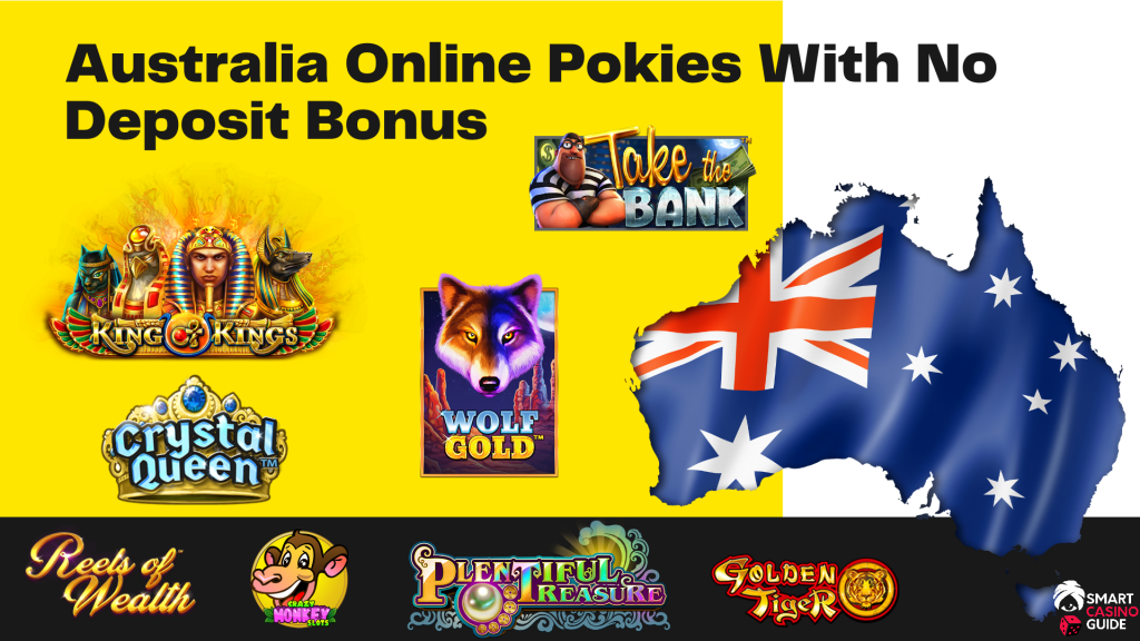 Australia Online Pokies With No Deposit Bonus with Australia Flag & Pokies Logotypes