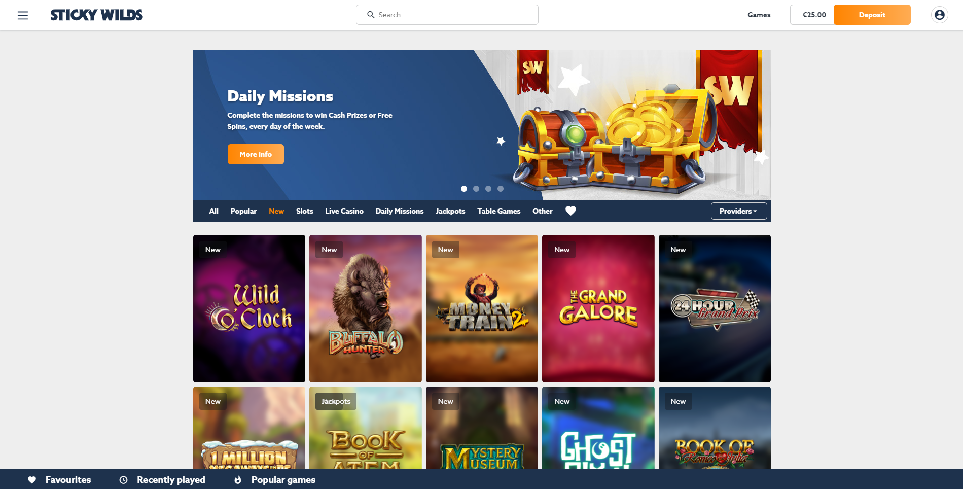 stickywilds front page daily missions wild clock grand galore book of atem money train 2 bufallo hunter chest