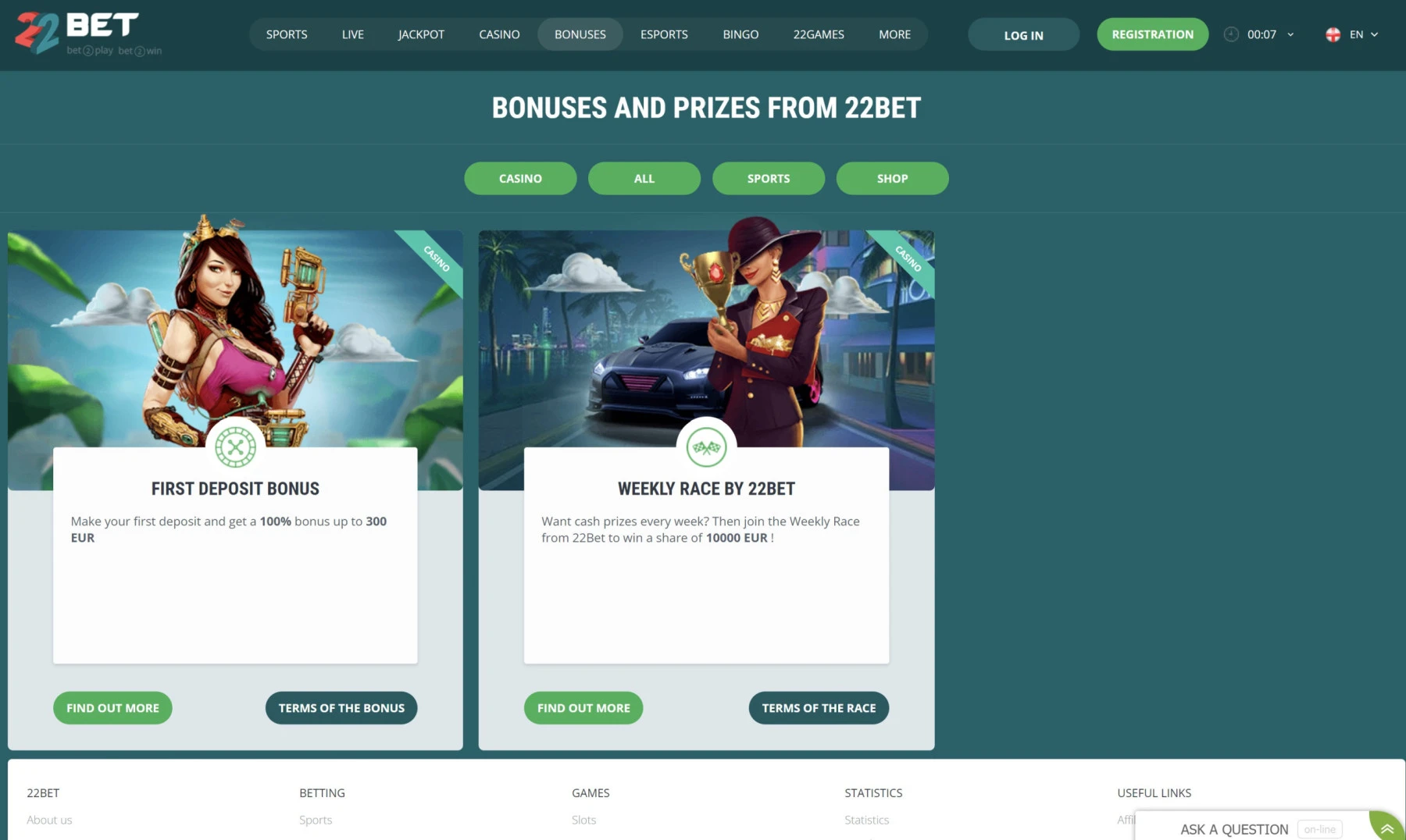 22bet casino no first deposit bonus
