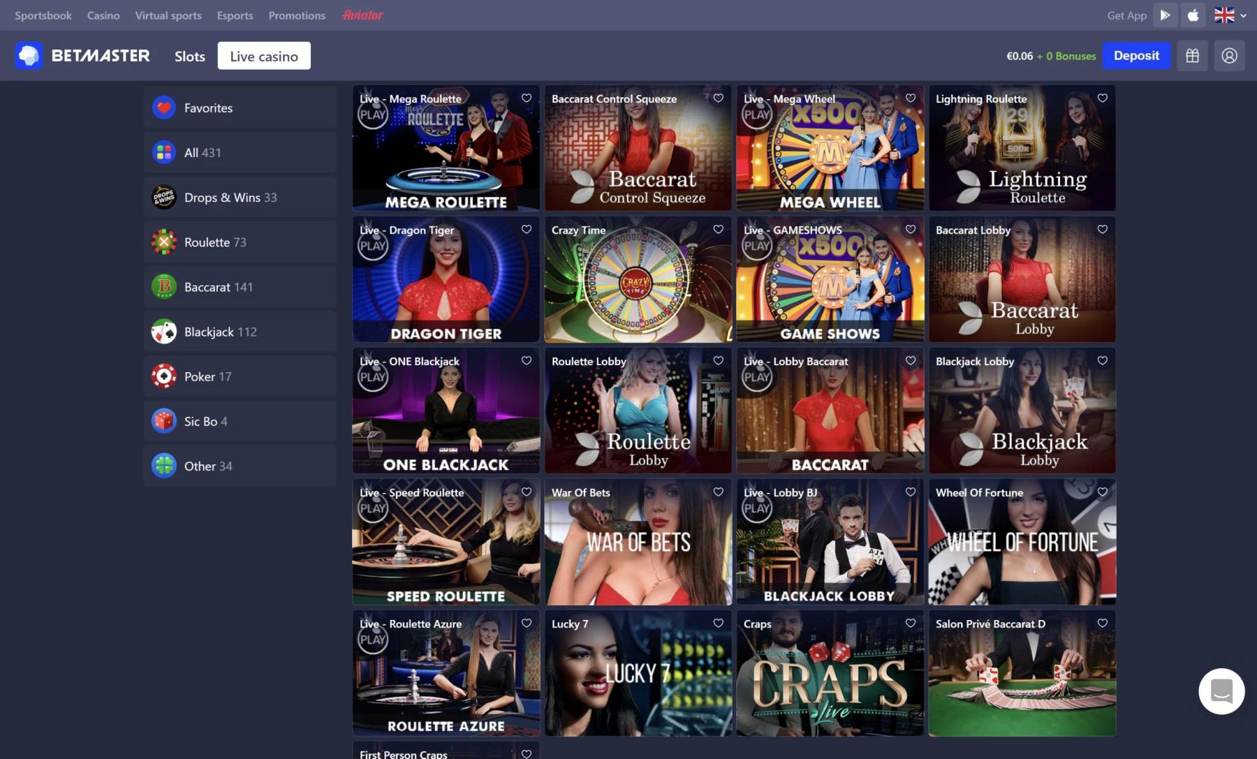betmaster live casino blackjack roulette crazy time craps