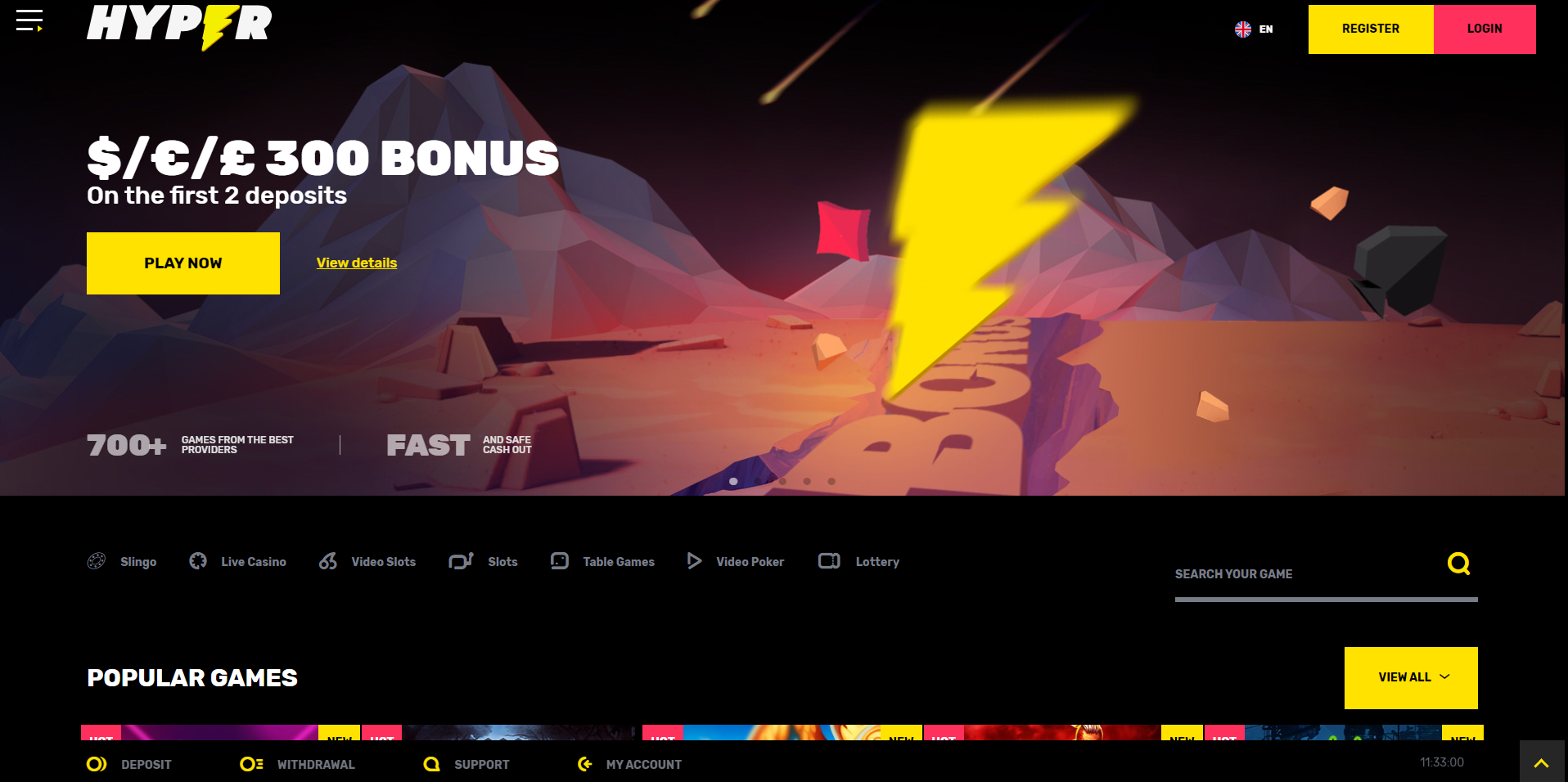 hyper casino front page yellow lightning