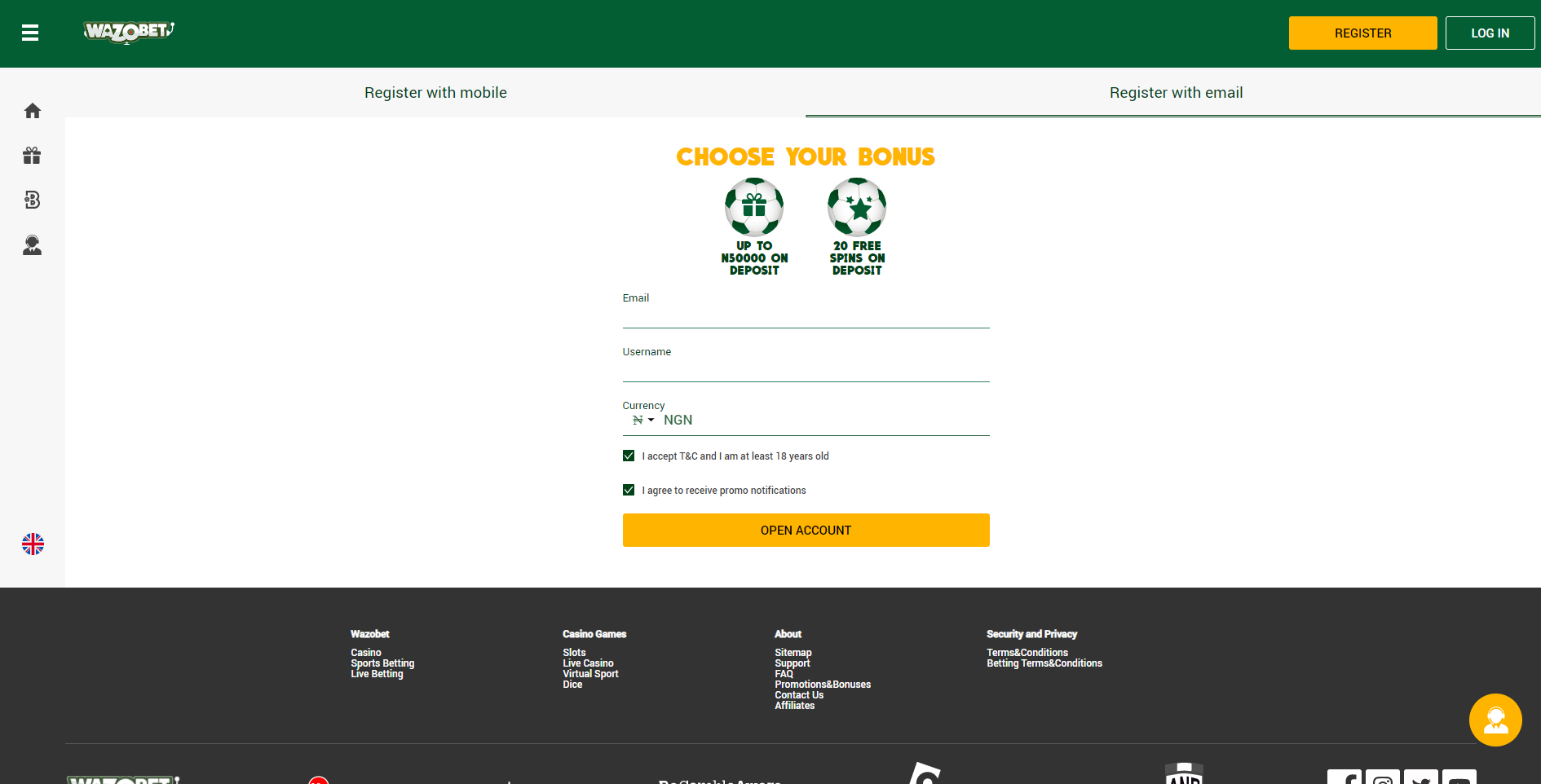 wazobet casino register login
