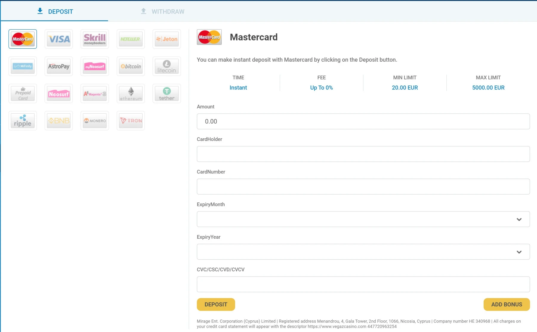 vegaz casino payment methods cryptocurrency bitcoin tron ripple binance coin visa mastercard skrill