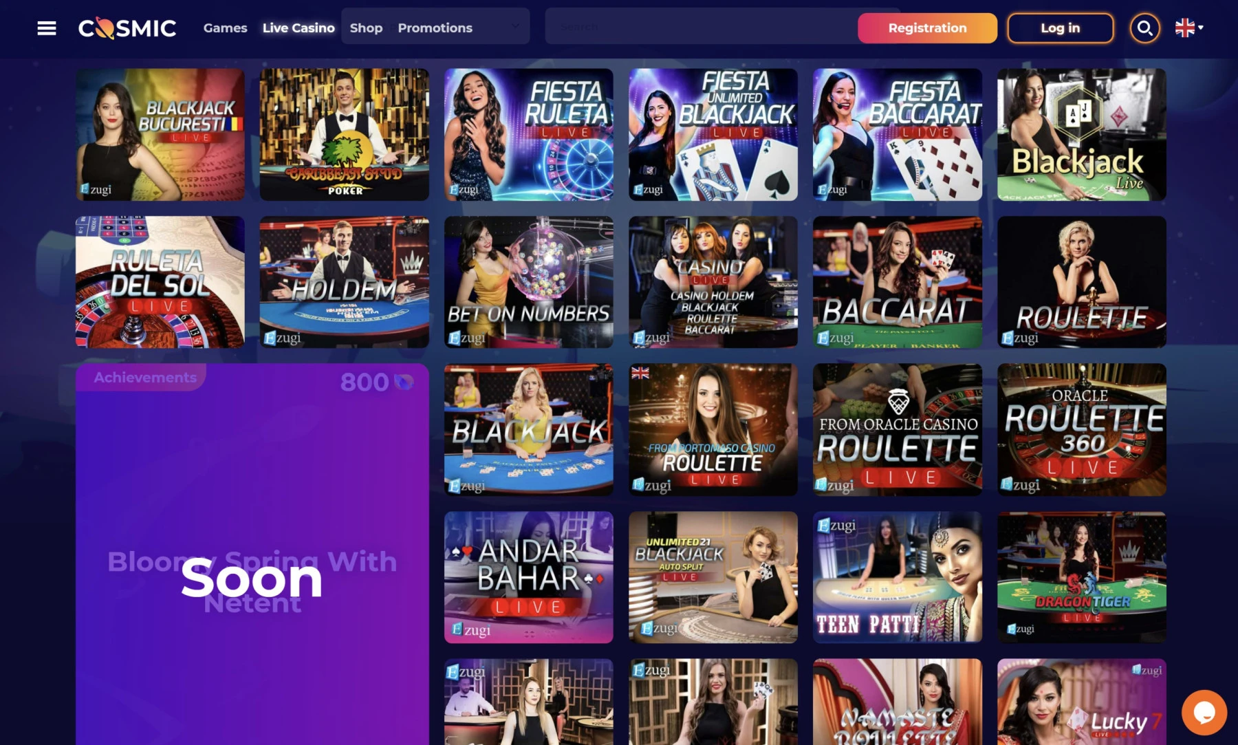 cosmicslot live casino games ezugi evolution gaming roulette blackjack baccarat
