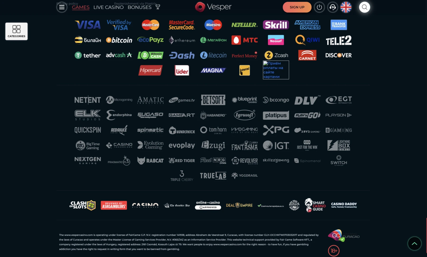 vesper payment methods curacao license smartcasinoguide