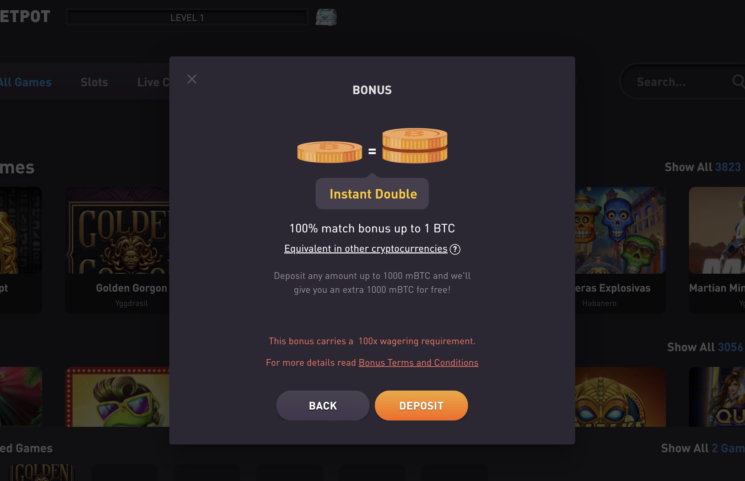 rocketpot casino 1 bitcoin crypto bonus 