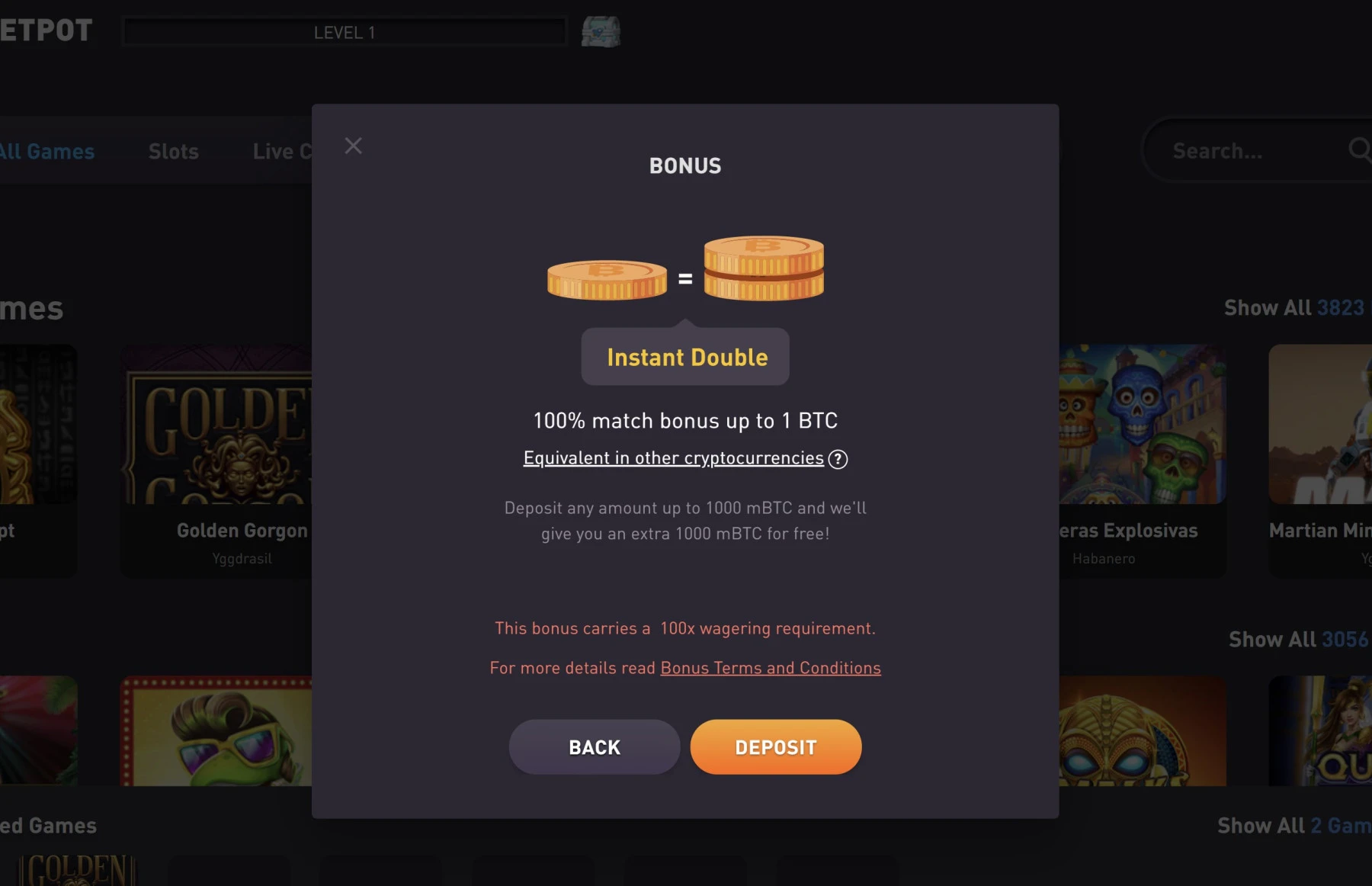 rocketpot casino 1 bitcoin crypto bonus