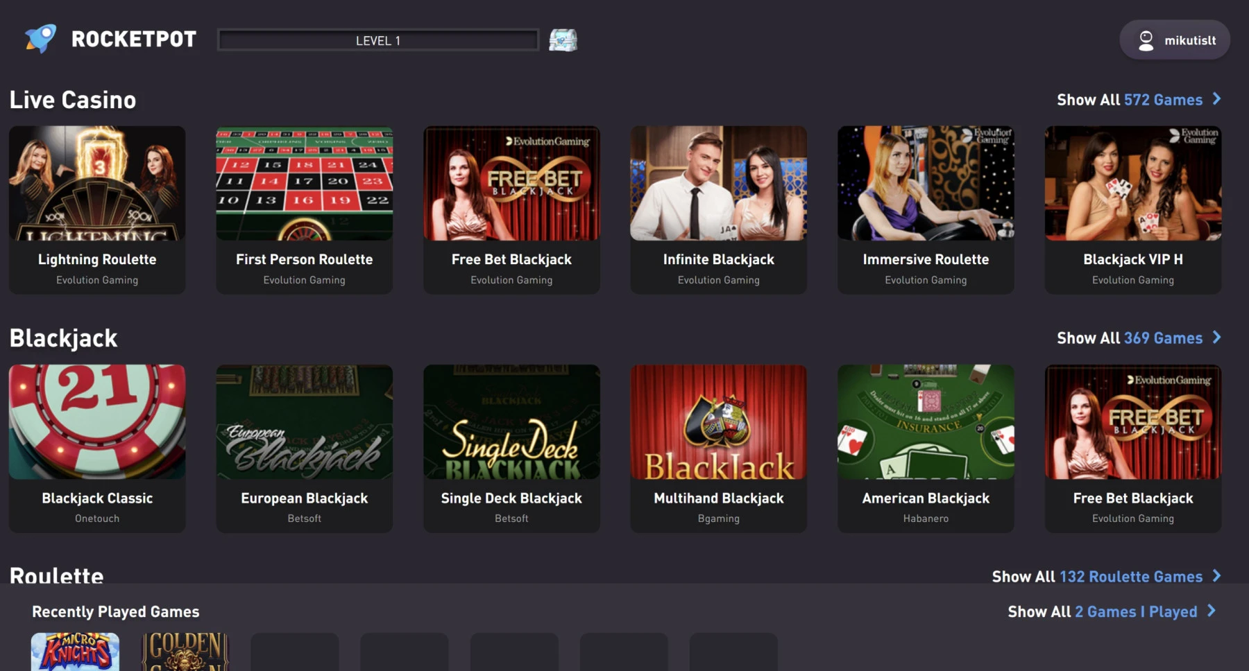 rocketpot live casino evolution gaming blackjack roulette baccarat