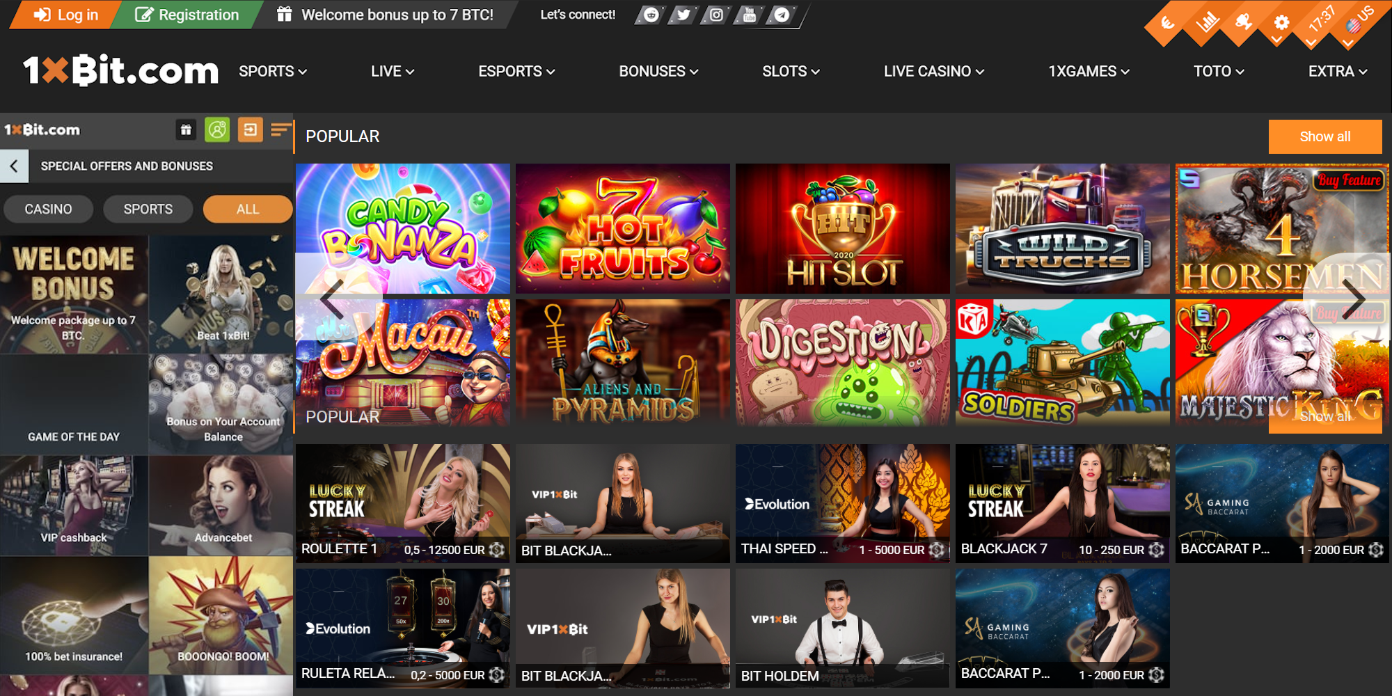 1xBit offer a lot of slots, live casino feature and very good bonuses