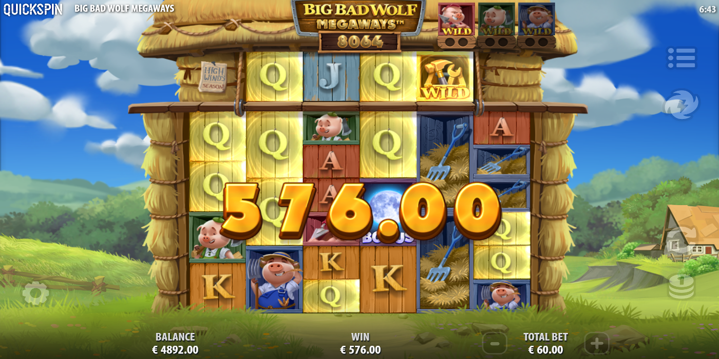 The slot game lets you catch big wins! The Big Bad Wolf Megaways max win potential is 30'000x your stake