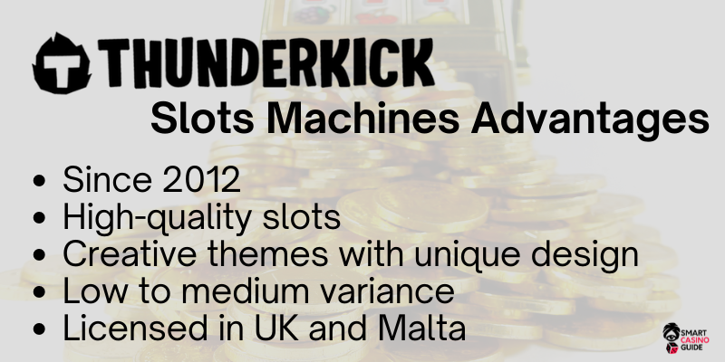 Logo of Thunderkick with advantages to play free slot machine games without downloading or registration