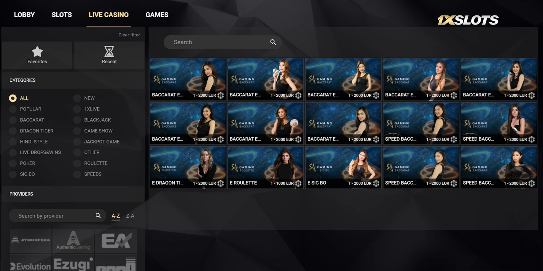 SA Gaming live casino games on 1xSlots