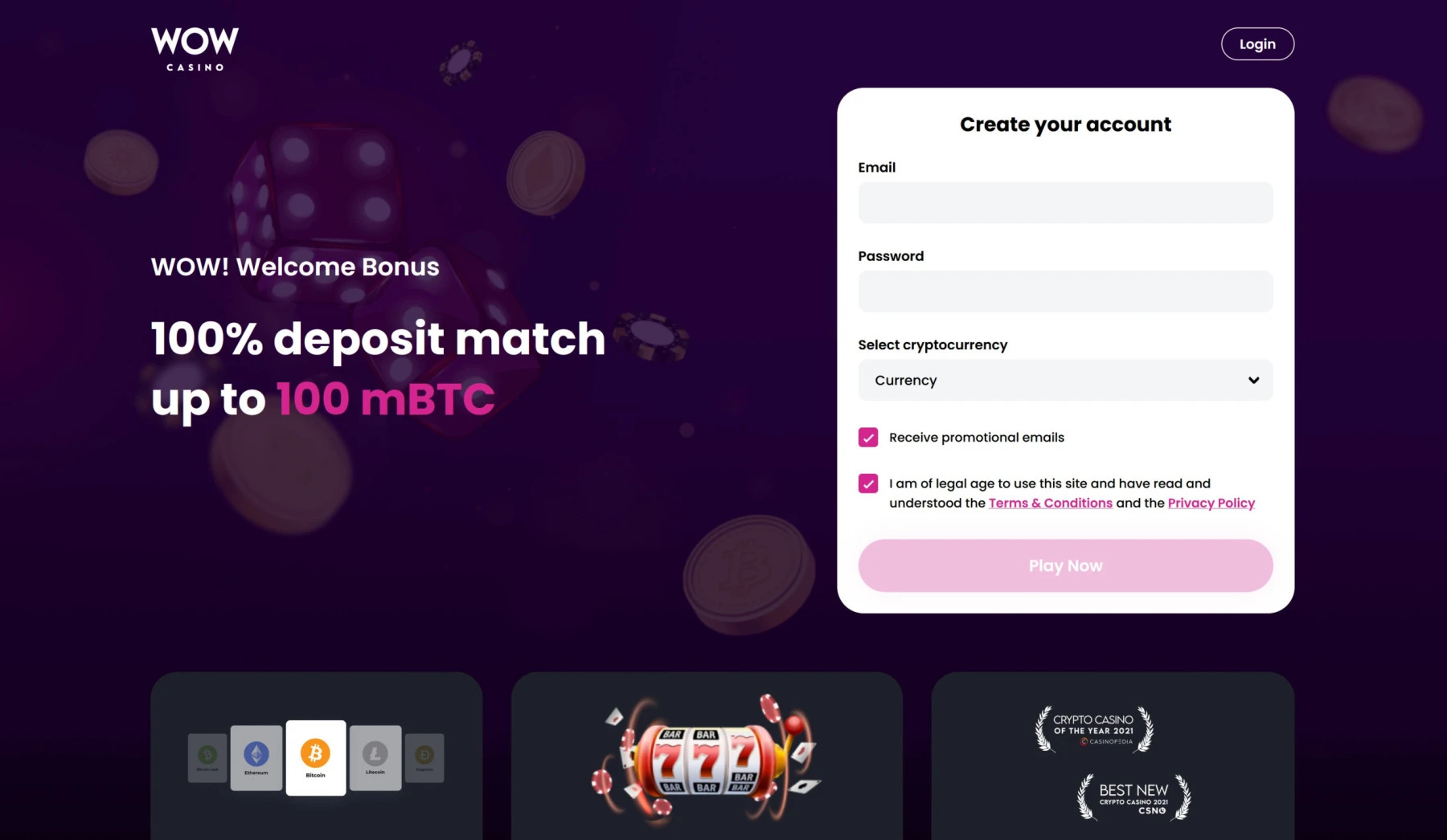 wow crypto welcome casino no deposit bonus 100% up to 100 mBTC