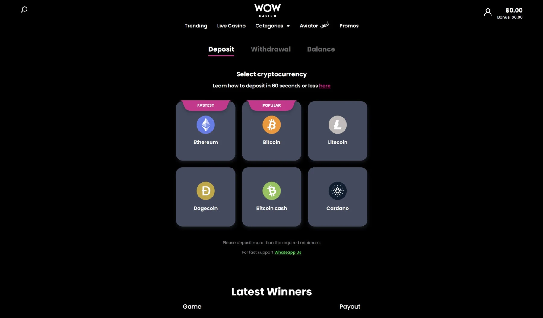 wow casino crypto payment methods bitcoin ethereum cardano dogecoin litecoin