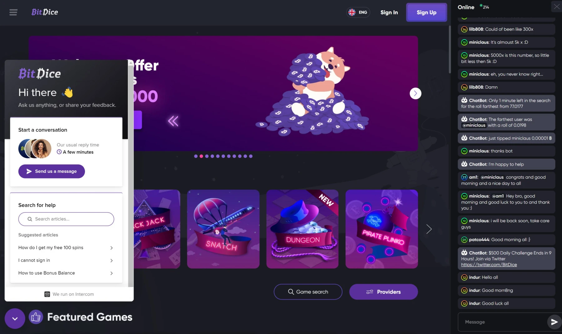 bitdice live user chat customer support