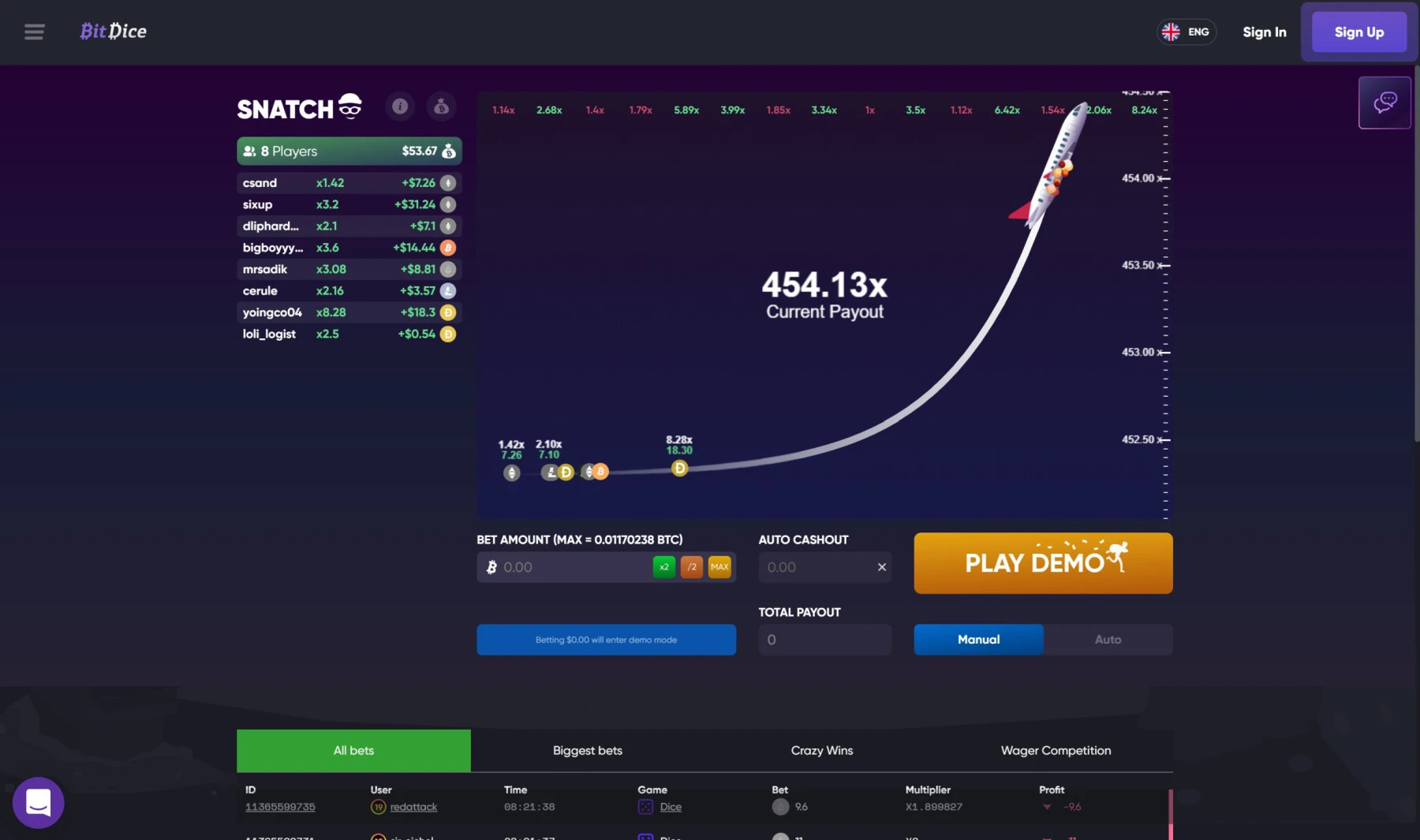 bitdice casino snatch mini game aviator big win 450x