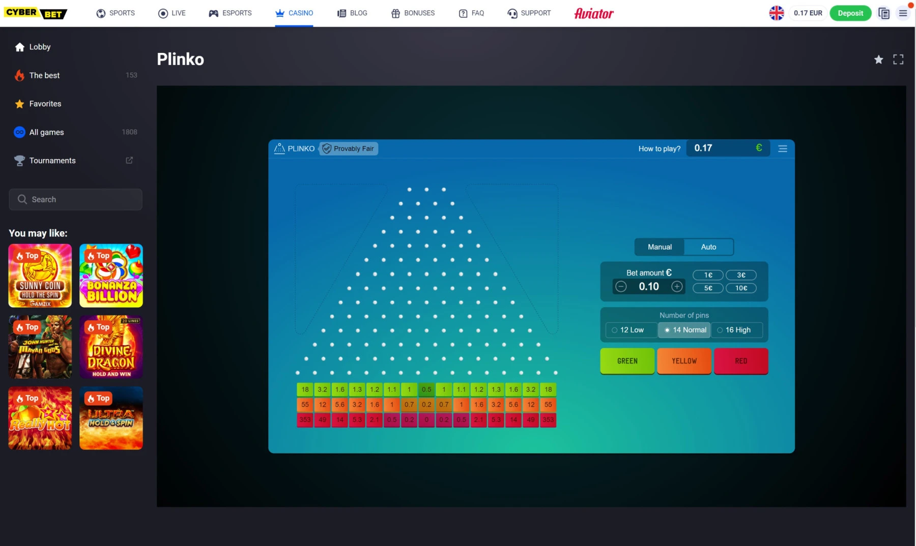 cyberbet spribe plinko casino mini game