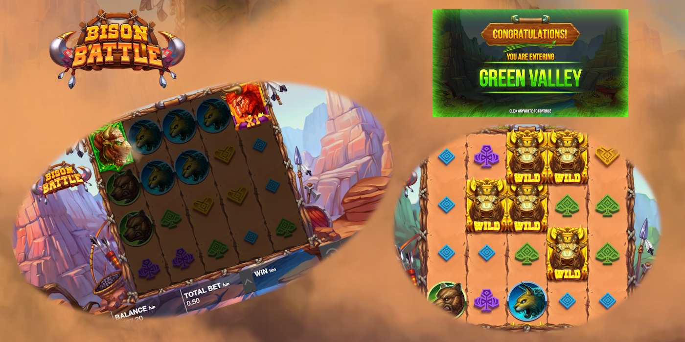 Green Valley feature gives you 8 Bison Battle Free Spins - try out this feature in DEMO mode