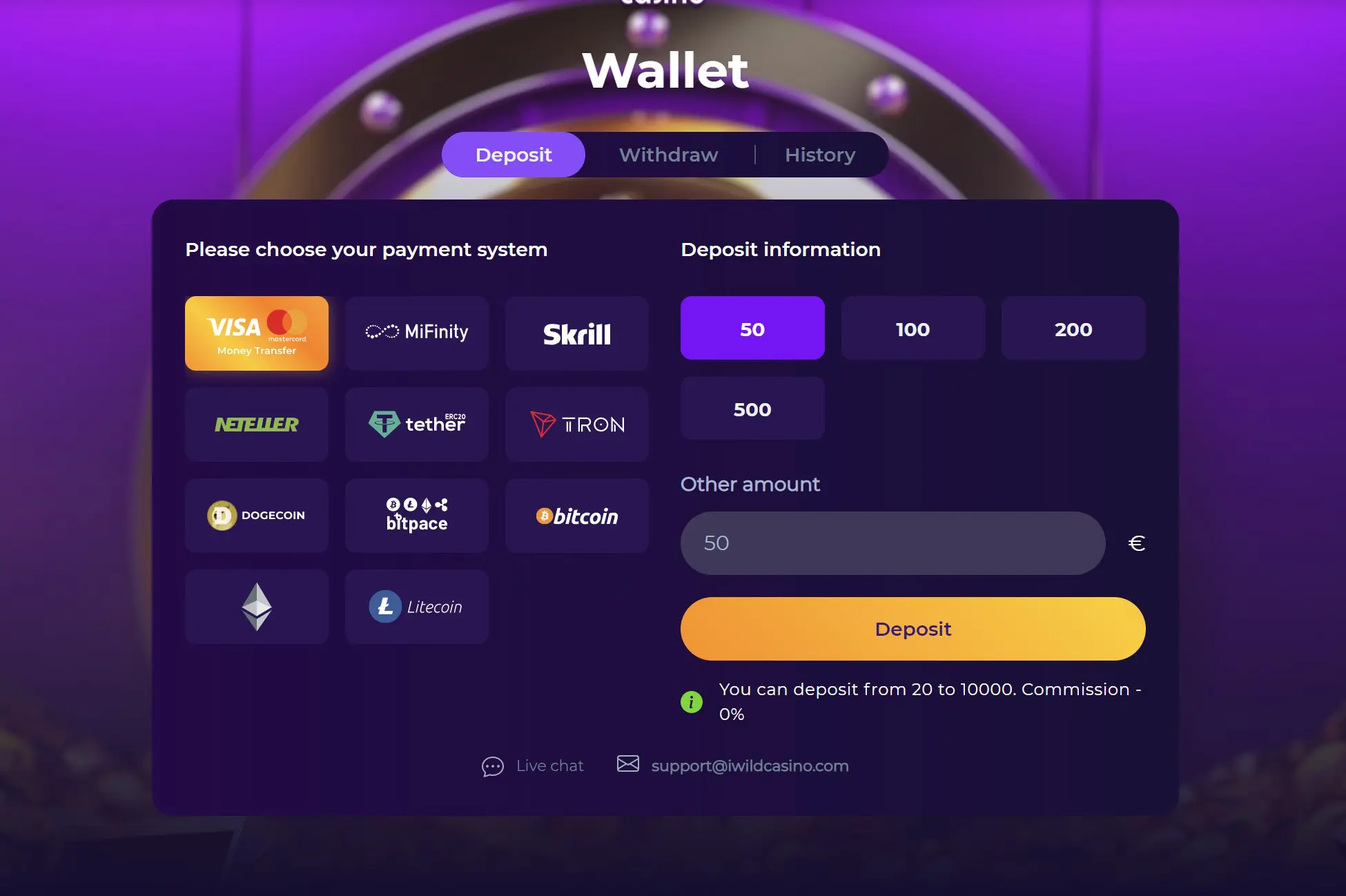 iwildcasino crypto fiat payment methods skrill bitcoin ethereum tether